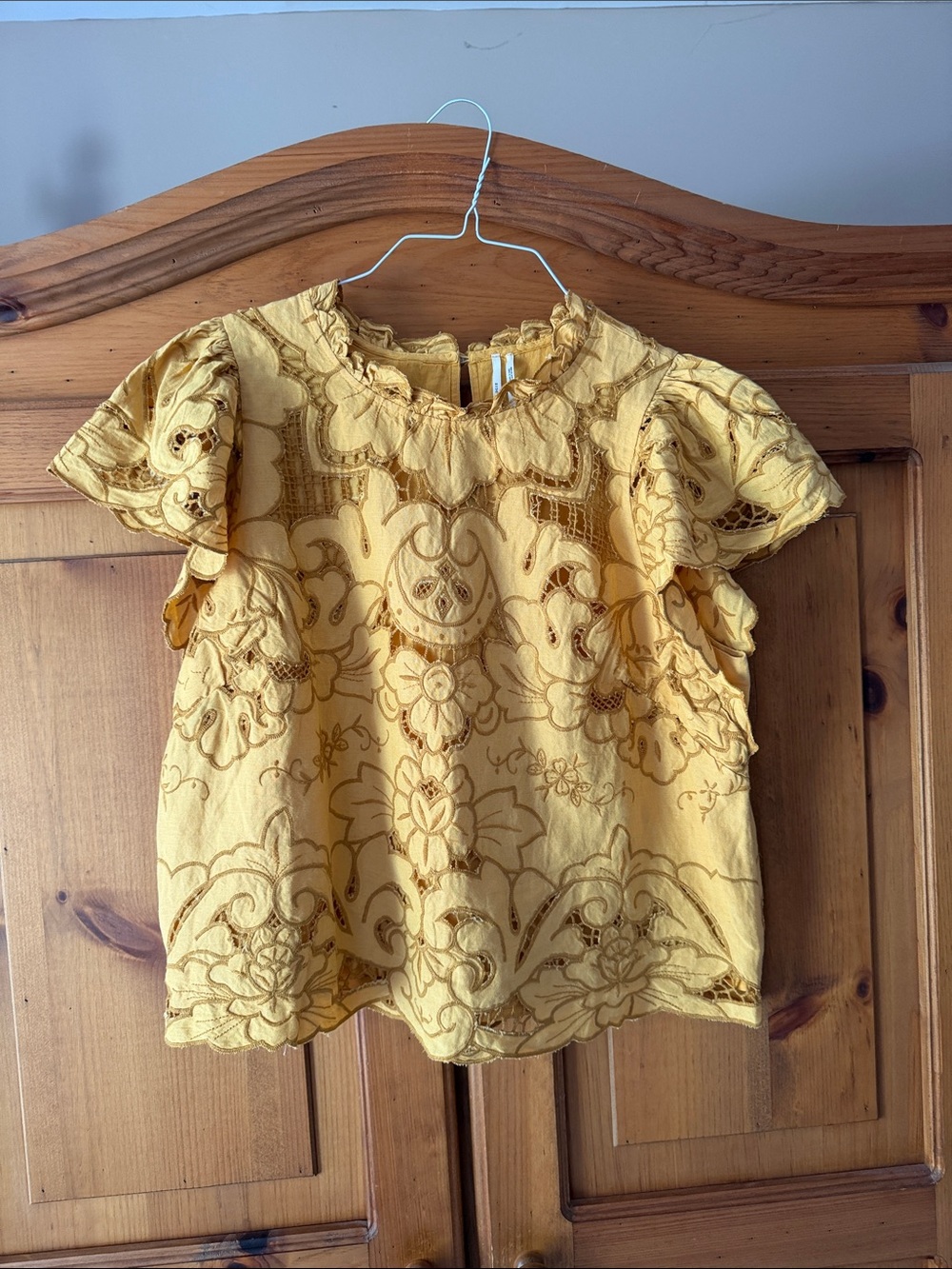 Anthropologie Yellow Embroidered Flutter Sleeve Blouse